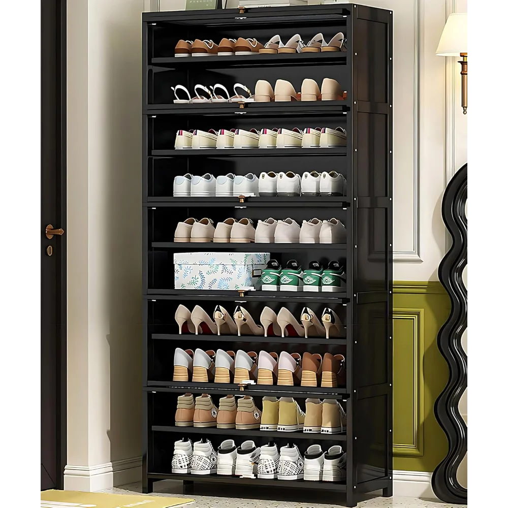 Tall Shoe Cabinet, 10 Tiers 40-45 Pairs Heavy Duty Bamboo Freestanding Shoe Storage Cabinet