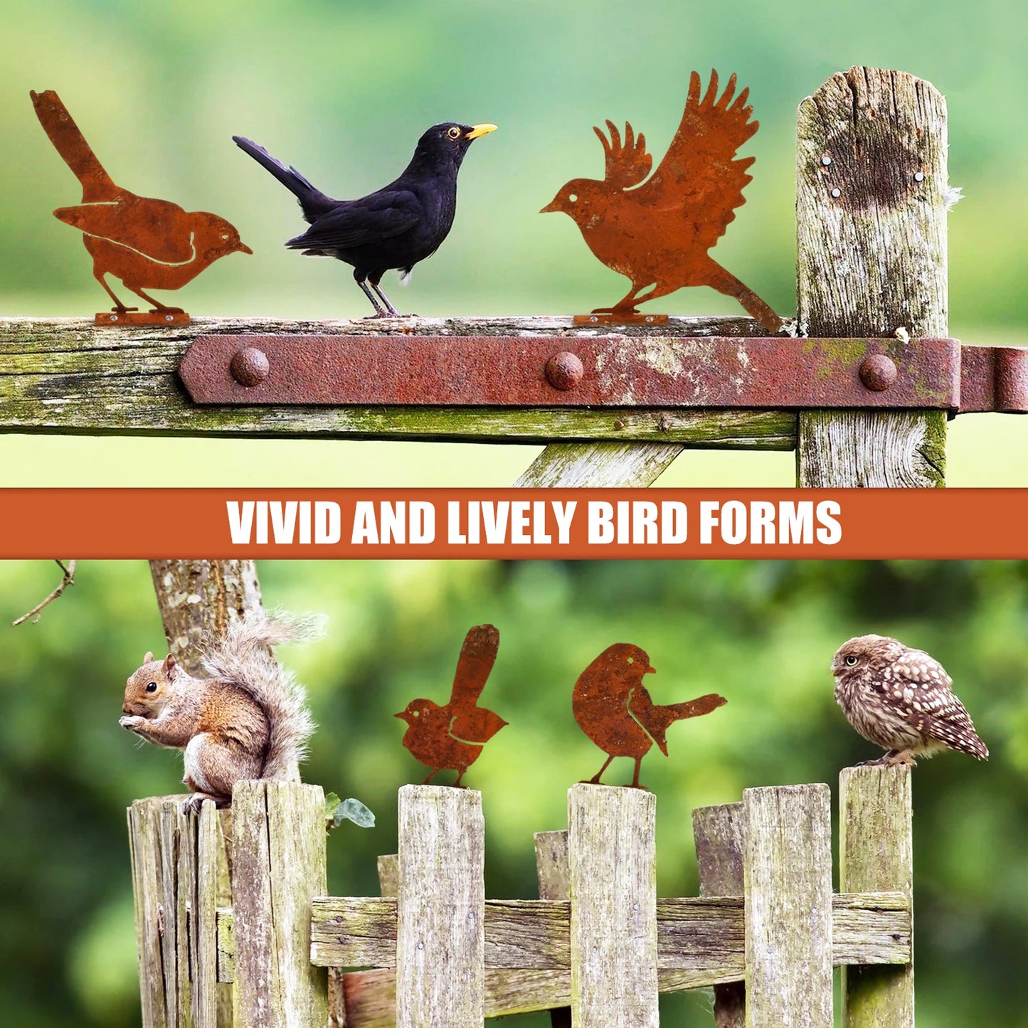 1/5Pcs Rusty Metal Birds Rusty Running Squirrel Decor Metal Art Set Outdoor Garden Animal Silhouette Creative Wrought Iron Decor