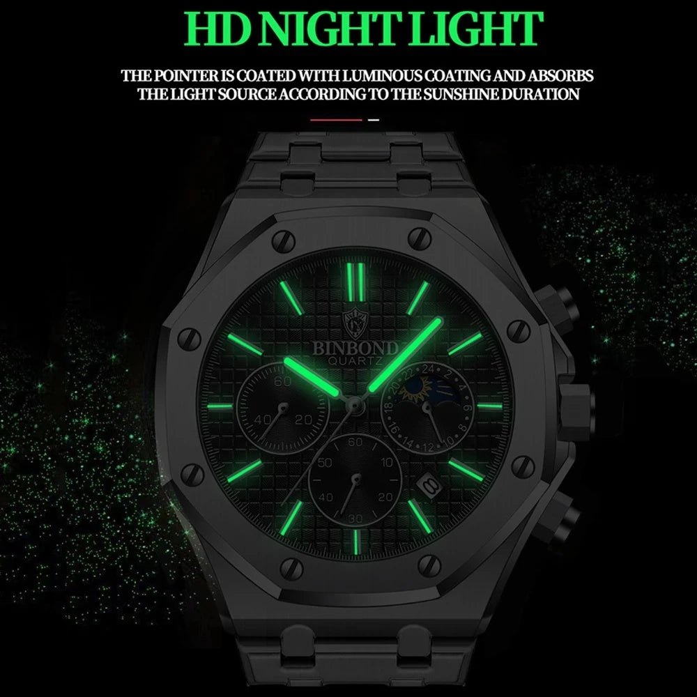 BINBOND B0161 Men's Luxury Luminous Waterproof Stainless Steel Watch