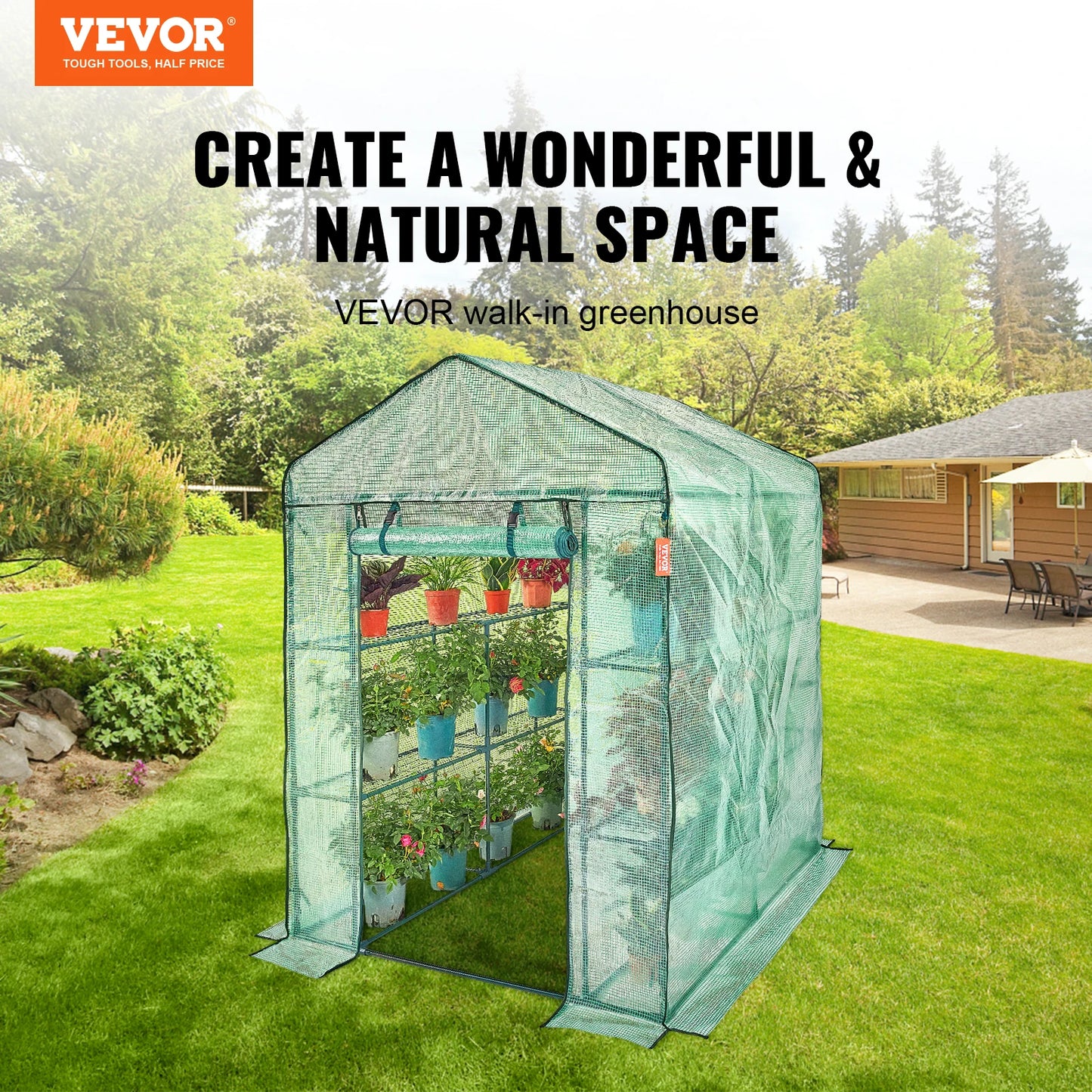 SucceBuy Walk-in Green House Greenhouse with Shelves High Strength PE Cover with Doors & Windows and Steel Frame for Planting