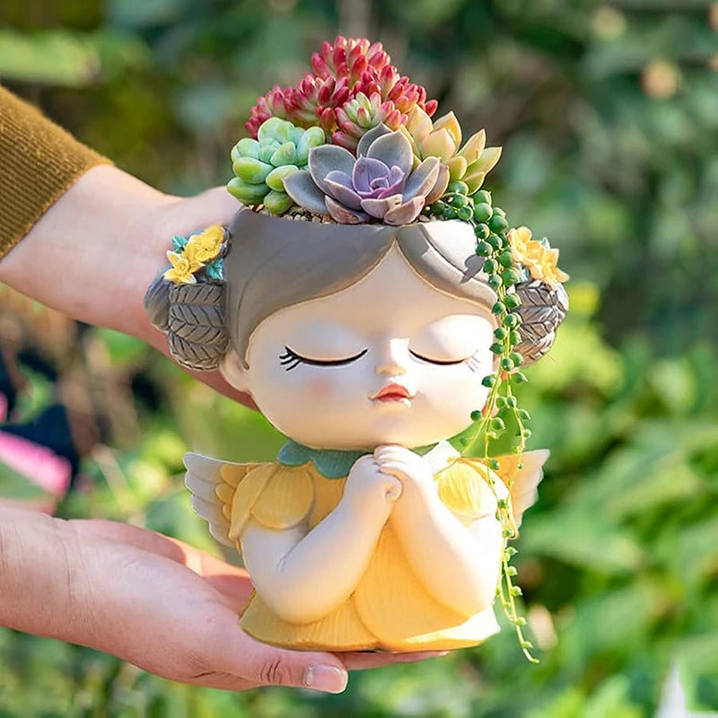 7 inch Cute Angel Girl Face Planter Pot with Drainage Hole, Resin Fairy Tale Planter Ornamental Statues for Home Office Decor