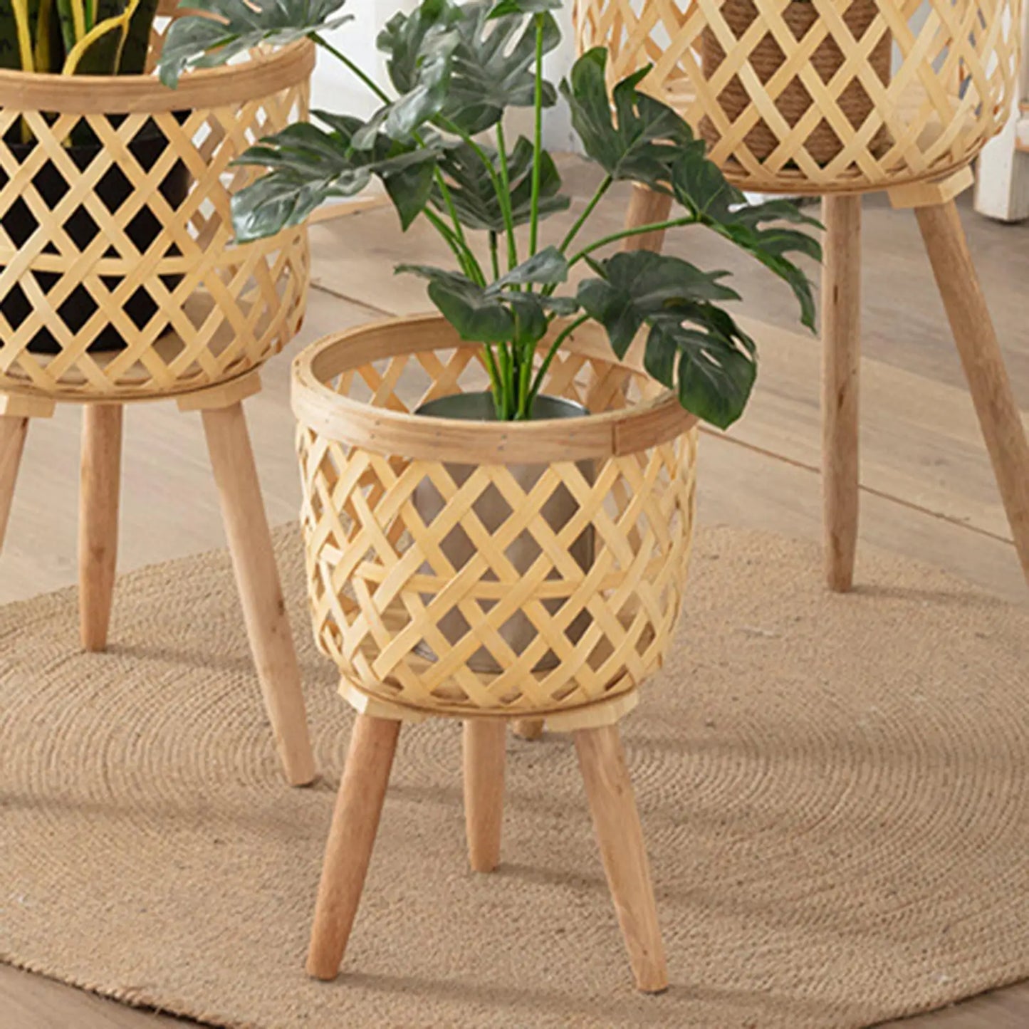 Hand Woven Flower Pot Tripod Stand Detachable Rattan Pot Wood Pastoral Flower Baskets for Balcony Planters Home Indoor Decor