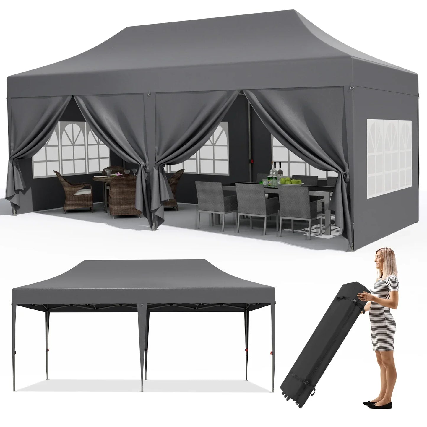 Pavilion Popup Gazebo 3x6m Waterproof Folding Gazebo Tent Party Tent 6 Side Panels Fully enclosed UV 50+ Height Adjustable 2-3M