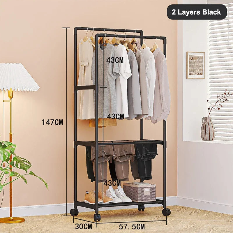 Movable Double Rod Clothes Rack Wheels Heavy Duty Coat Shelf with Bedroom Floor Hangers Organizer Home Shoe Hat Storage Racks