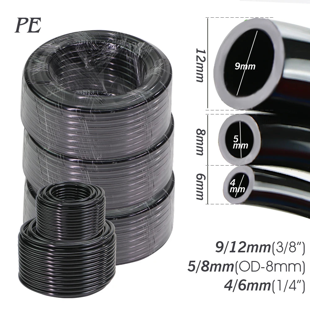 10/20/30/50M OD-6mm 8mm 12mm Black PE Garden Hose Pressure-Proof 4/6mm 5/8mm 9/12mm Drip Irrigation Pipe 3/8" 1/4" Watering Tube