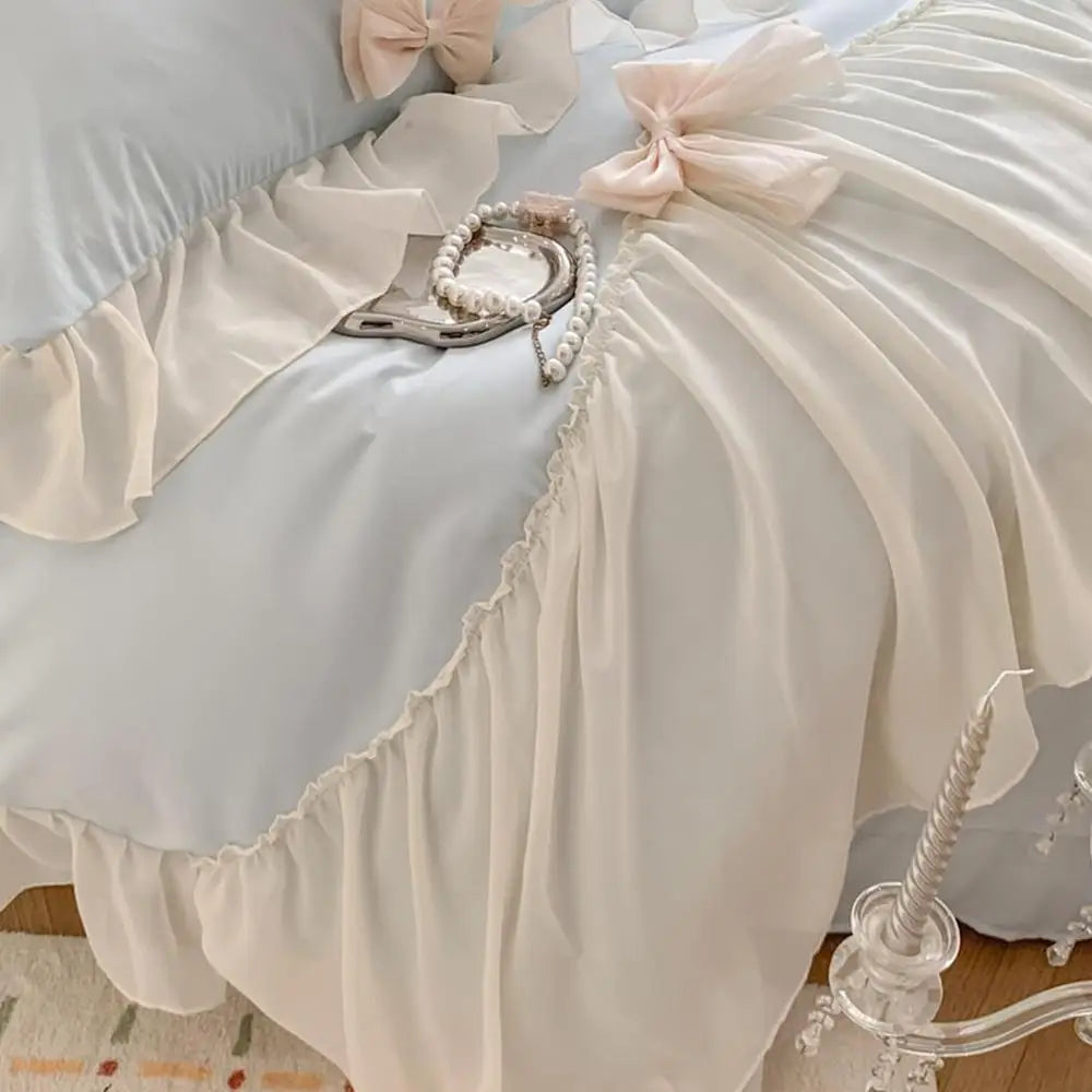 Ruffled Duvet Cover Set with Bowknot Tie and Zipper Closure Soft Microfiber Includes Pillowcases Chic Bedding Bedroom Decor