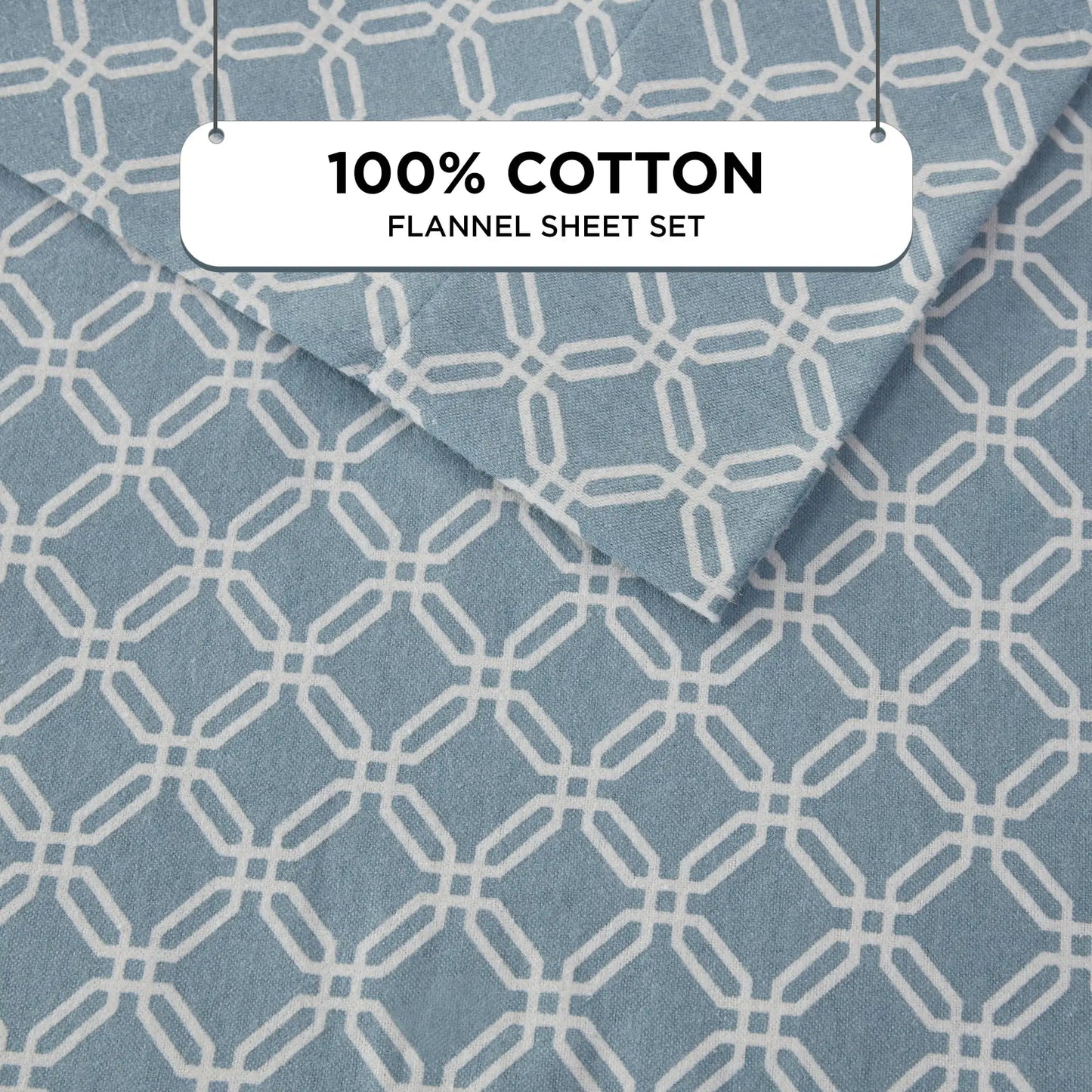 Queen Size Bed Sheets Set, 4-Piece Cozy Cotton Flannel Sheets Set Queen with Deep Pocket Fitted Sheet, Blue Geo