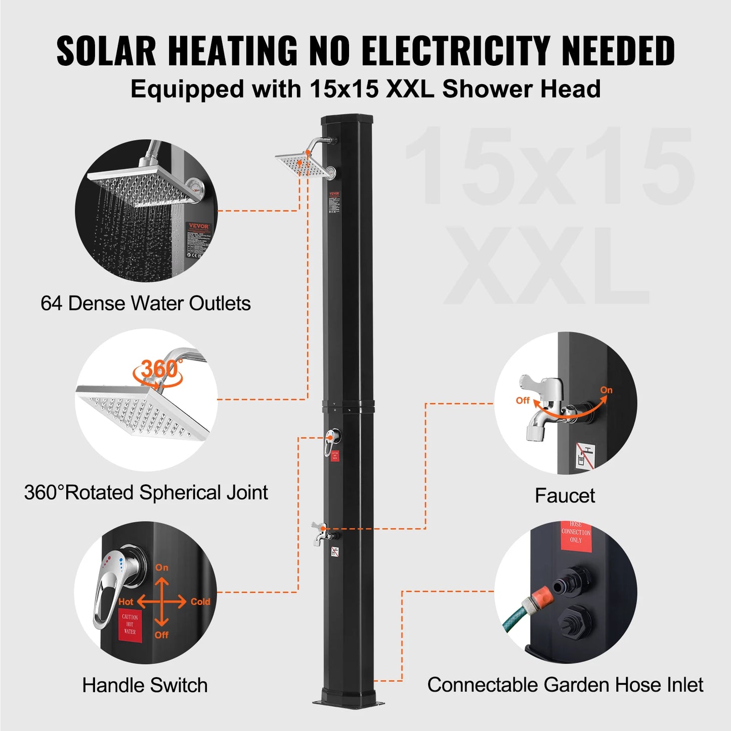 SucceBuy Outdoor Solar Heated Shower 35/40L Shower Kit with Head and Foot Tap Double Buckle for Backyard Poolside Beach Spa