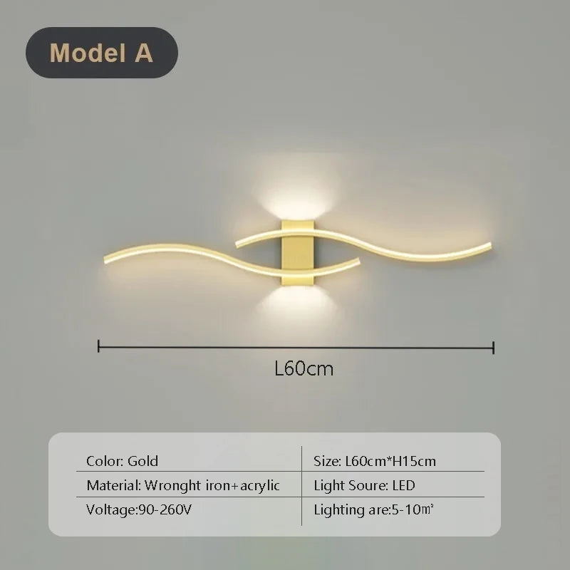 Modern LED Strip Wall Sconce - Double Curve, Remote, Black Gold, Bedside Bedroom | AlluCanFind