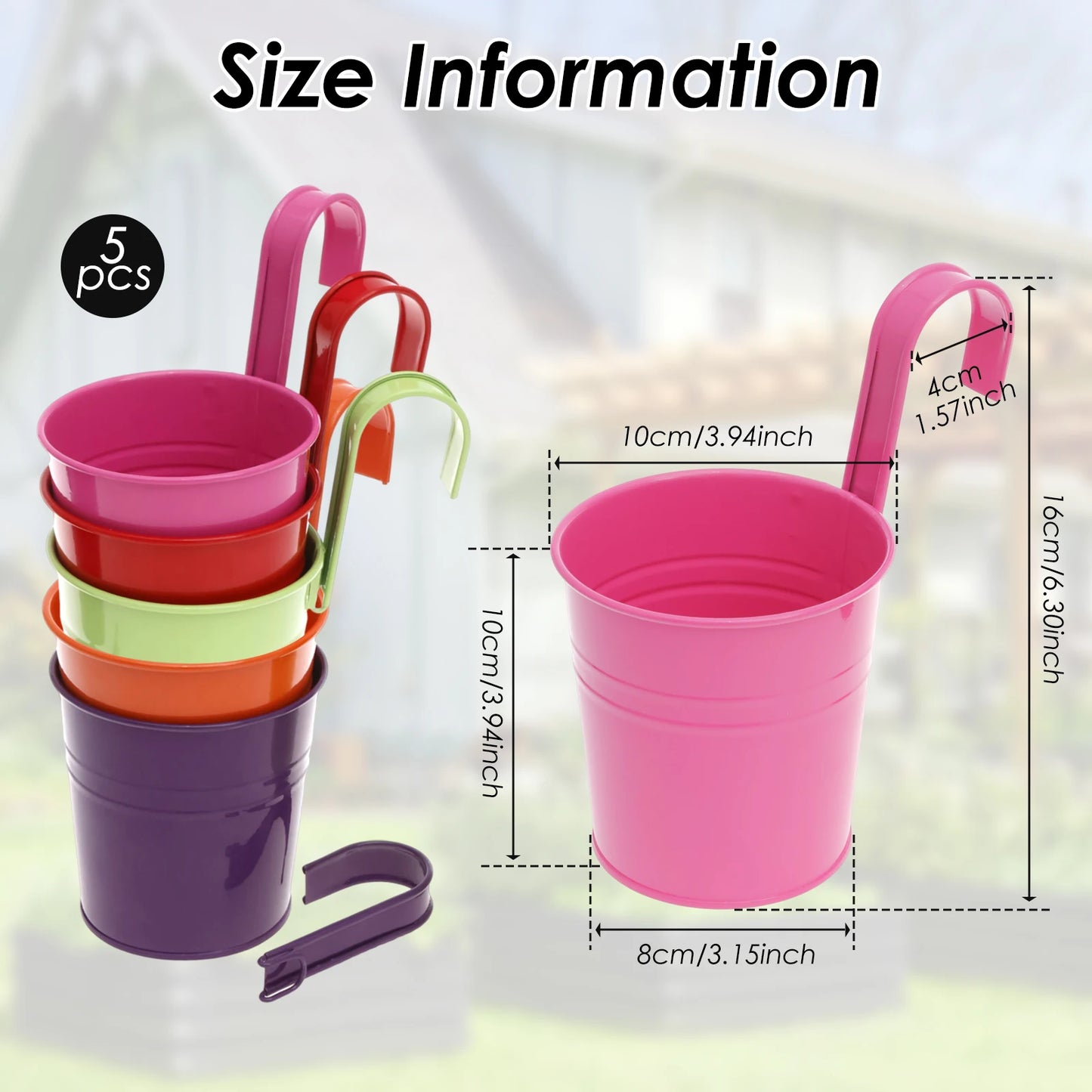 5Pcs Metal Hanging Flower Pots Hook Bucket Garden Planter Pots with Drainage Hole Balcony Garden Office Planter Home Decor