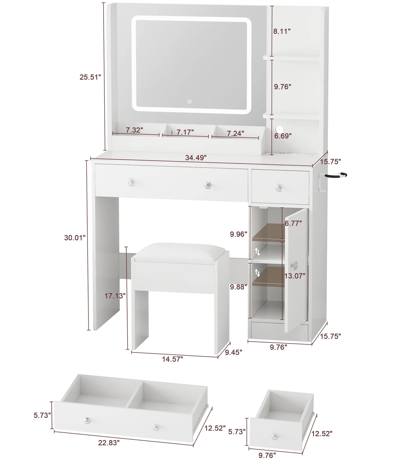 Satifur Vanity Desk with LED Lights Mirror and Power Outlets, Small Makeup Vanity Desk Stool Set with 4 Drawers, Dressing Table