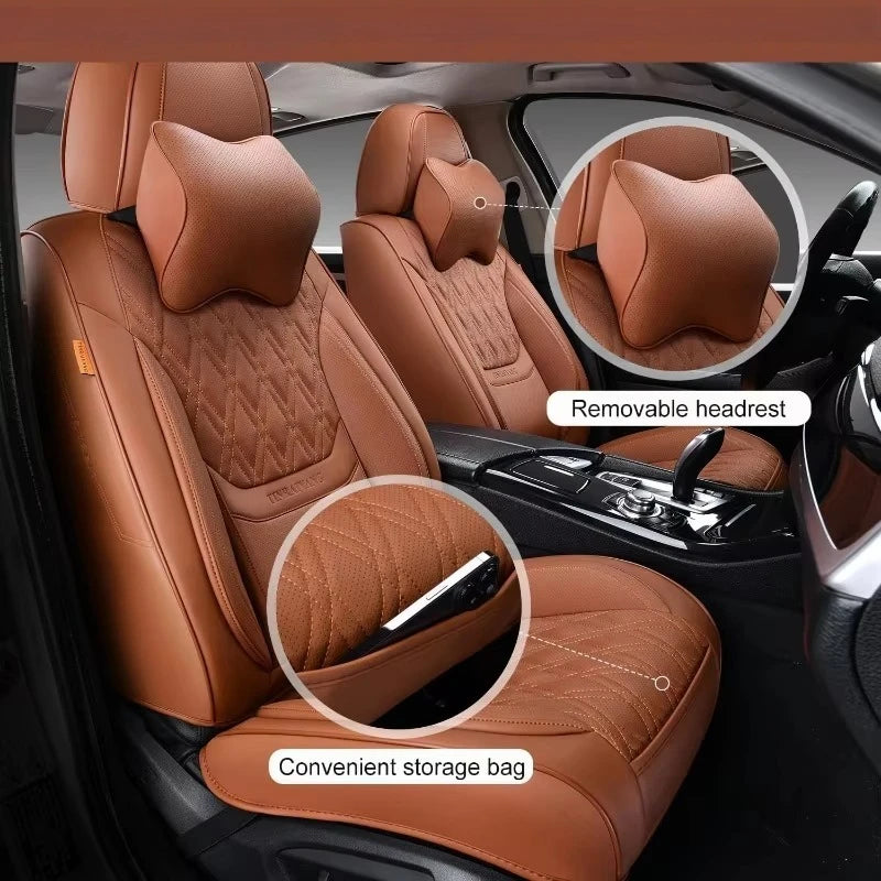 Complete Set Car Seat Covers - Breathable Leather Front & Rear + Headrests, Brown | AlluCanFind