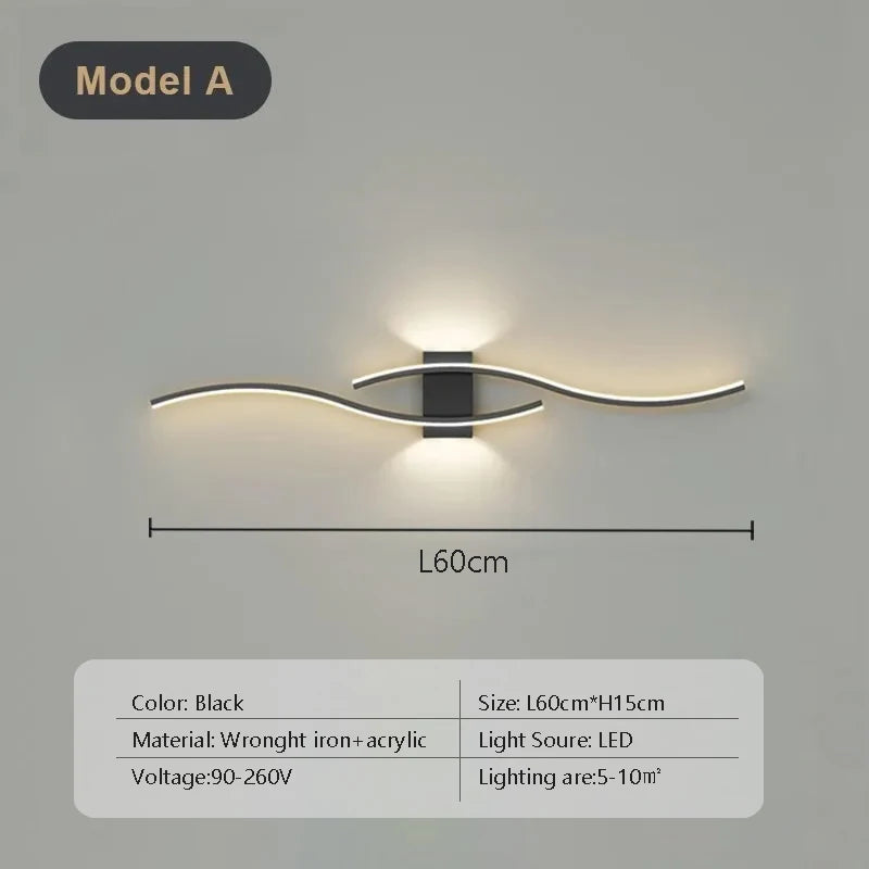 Modern LED Strip Wall Sconce - Double Curve, Remote, Black Gold, Bedside Bedroom | AlluCanFind