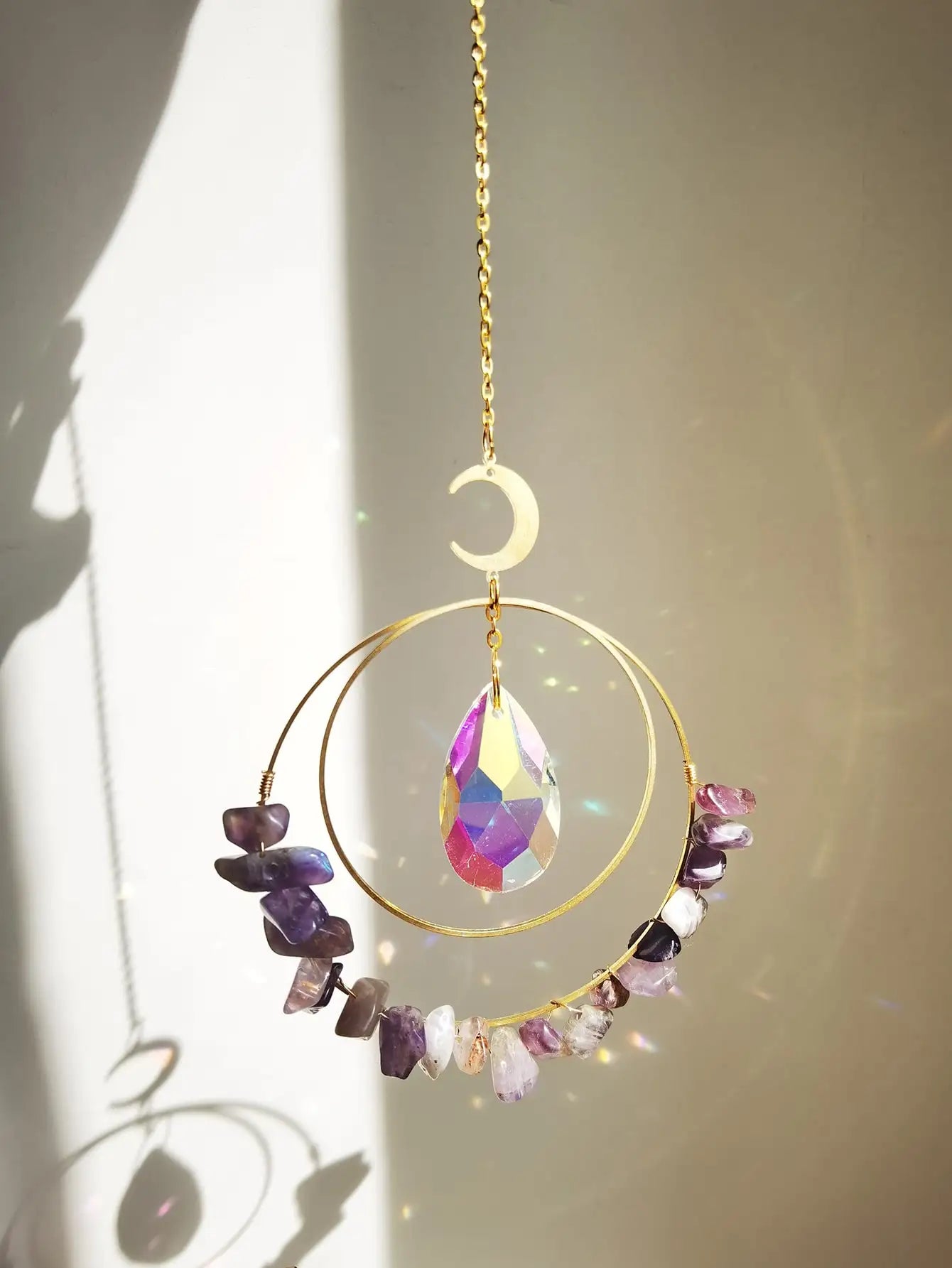 Purple Crystal Moon Sun Catcher Decor Pendant Wall Hanging Window Crystal Suncatcher Home Decoration Mother Day Girl Gift Crafts