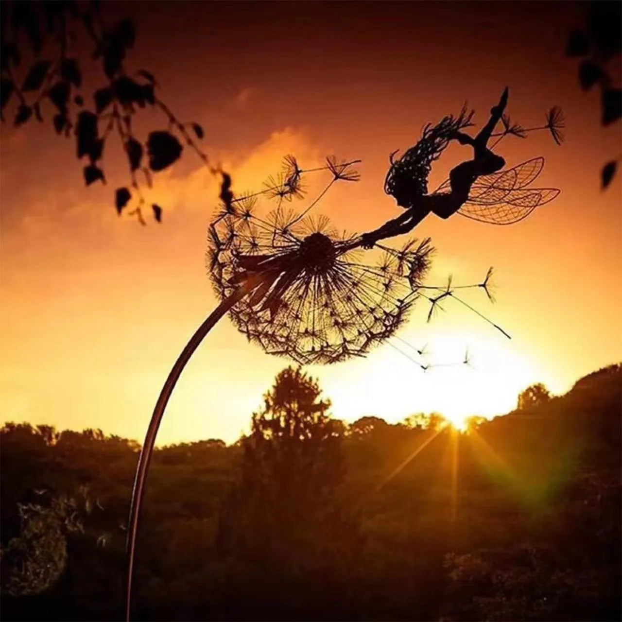 Fairies Angel With Dandelions Flowers Dance,Fairy Garden Decoration Outdoor,Sculptures & Figurines Inserted Soil Metal Craft