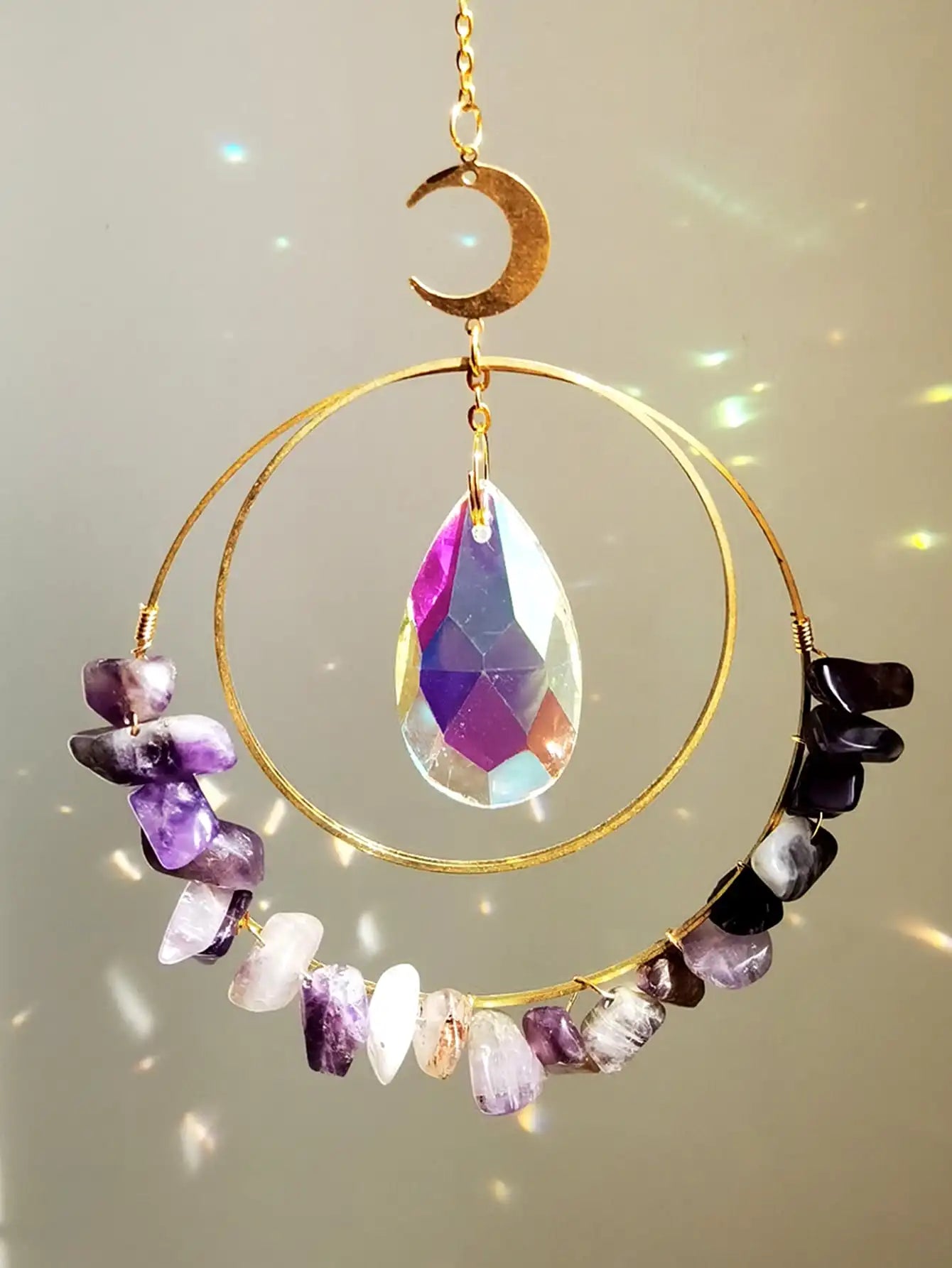 Purple Crystal Moon Sun Catcher Decor Pendant Wall Hanging Window Crystal Suncatcher Home Decoration Mother Day Girl Gift Crafts