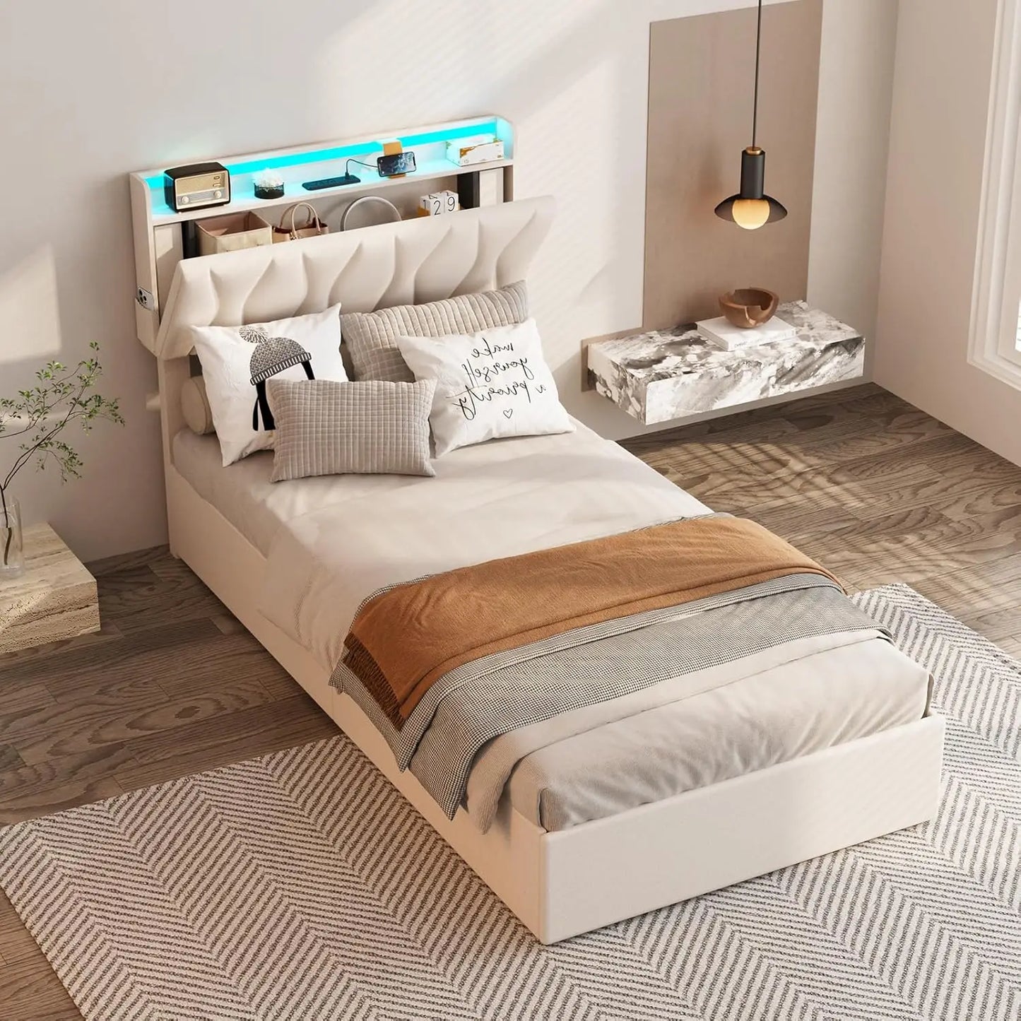 Vabches Lift Up Twin Size Bed Frame with Storage Headboard Upholstered Platform Bed Frame w Charging Station&LED Light Bedroom