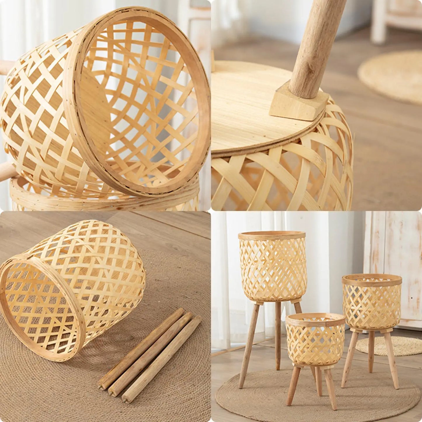 Hand Woven Flower Pot Tripod Stand Detachable Rattan Pot Wood Pastoral Flower Baskets for Balcony Planters Home Indoor Decor