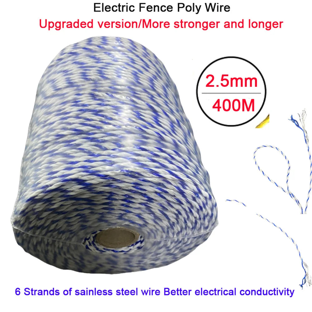 200/400M Portable Electric Fence Rope Polywire with Steel for Horse Farm Animals Fencing Ultra Low Resistance Poly Wire 6 strand
