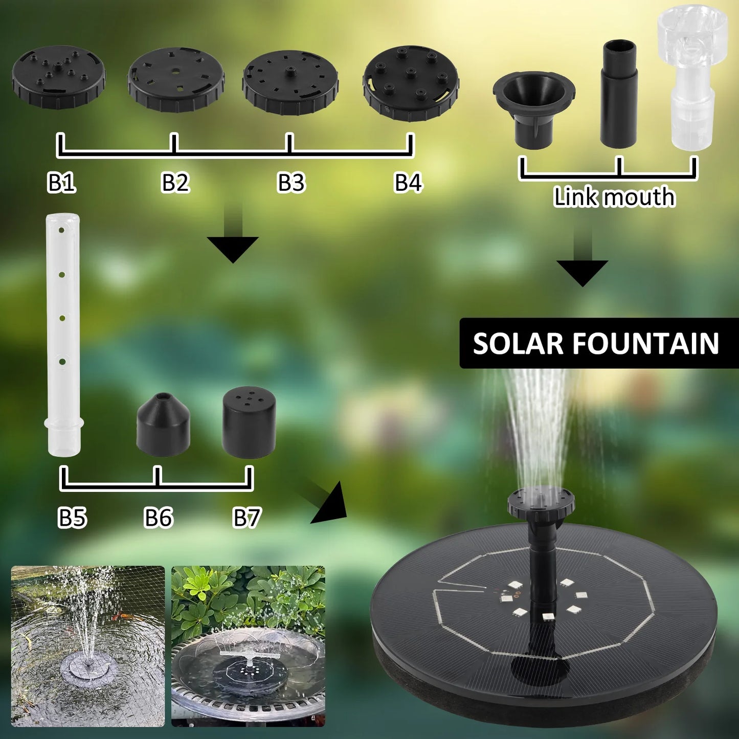 Solar Floating Water Fountain Bird Bath with LED Light Pond Decoration Solar Powered Fountain Kit For Garden And Patio