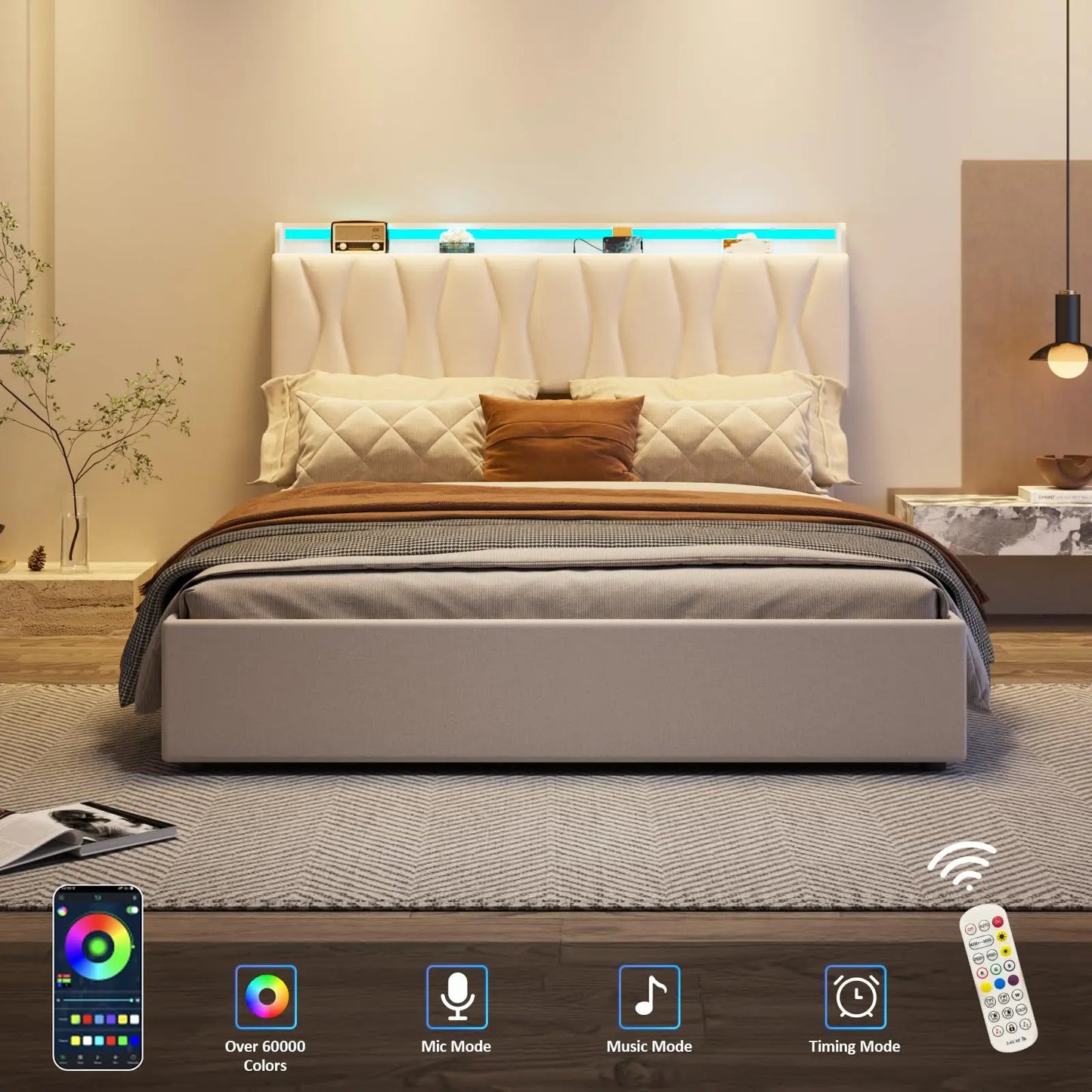 Vabches Lift Up Queen Bed Frame with Storage Headboard Upholstered Platform Bed Frame with Power Outlet&LED Lights No Box Spring