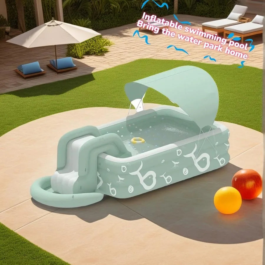 Summer family outdoor thickened inflatable swimming pool, float boat with sunshade, slide, family oversized water toys
