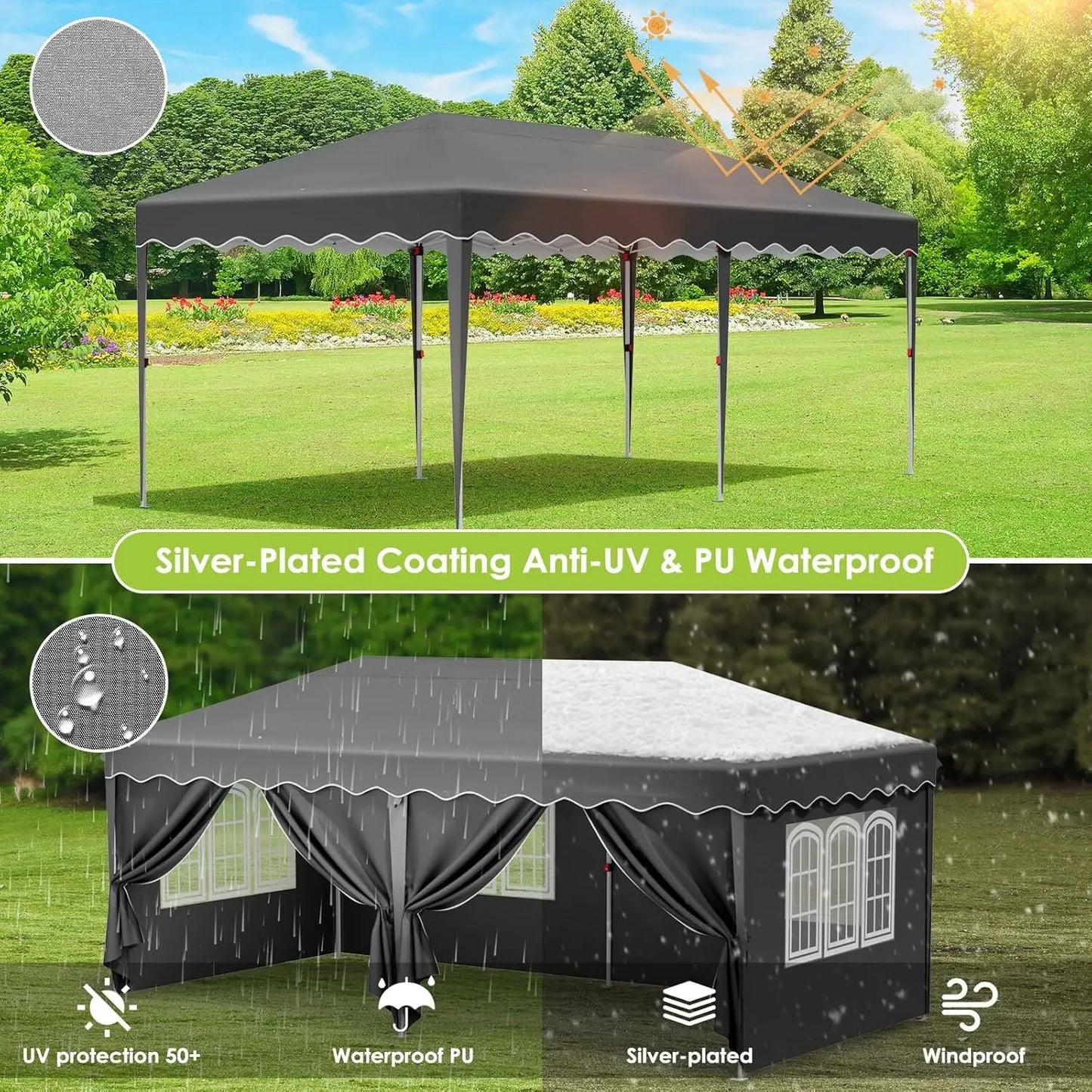Pavilion Popup Gazebo 3x6m Waterproof Folding Gazebo Tent Party Tent 6 Side Panels Fully enclosed UV 50+ Height Adjustable 2-3M