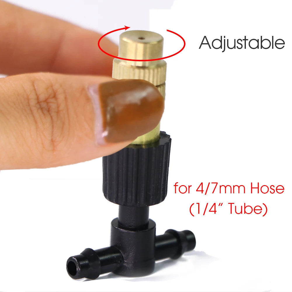 10-100PCS Adjustable Brass Spray Nozzles with 1/4” Tee Joint for Garden Greenhouse Lawn 4/7mm Hose Misting Watering Sprinkler