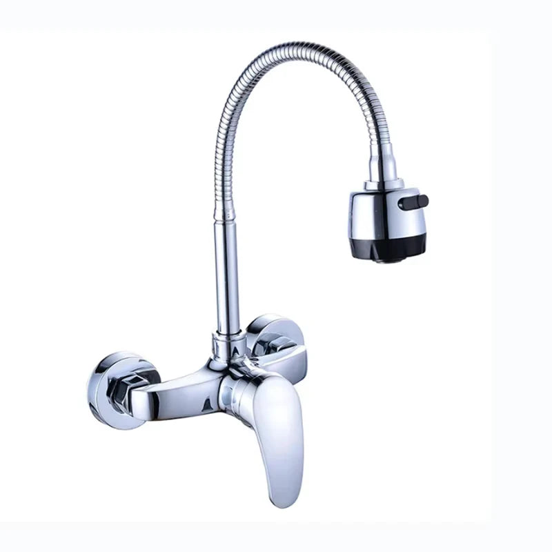 Brushed Kitchen Sink Faucet 304 Stainless Steel In-wall Double Hole 360° Rotation Universal Folding Hot Cold Mixer Kitchen Crane
