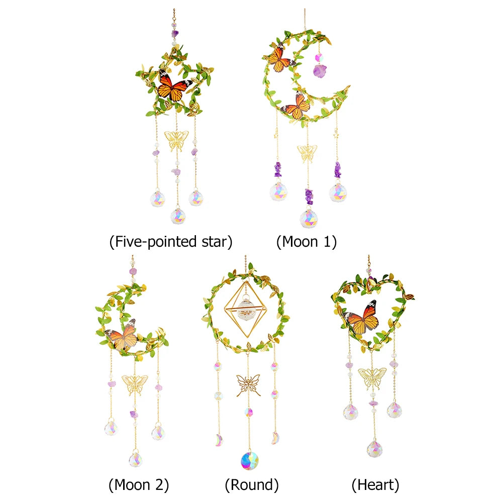 Crystals Wind Chime Star Moon Butterfly Hanging Ornament Sun Catcher Diamond Prisms Rainbow Maker Pendant Home Garden Decor