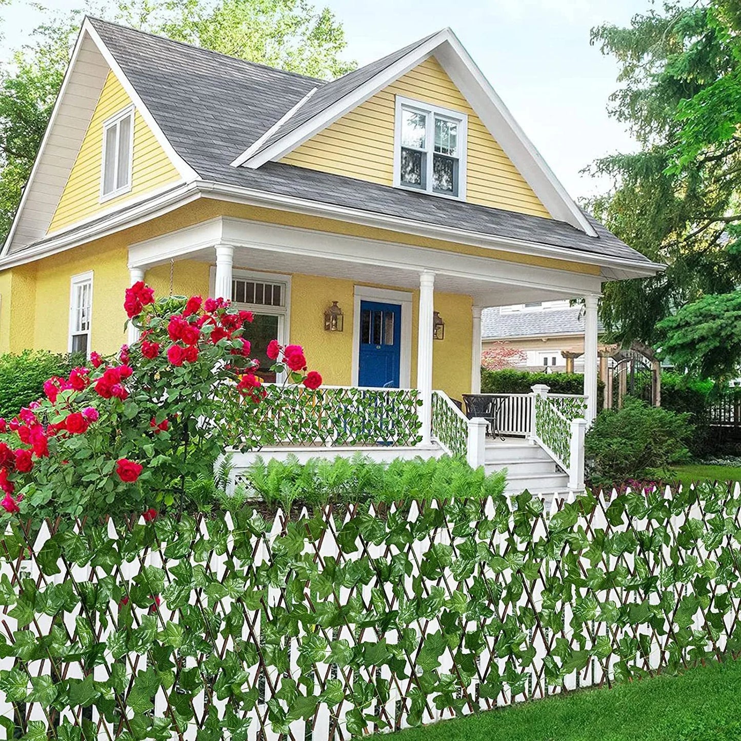 Simulation Fence Telescopic Fence Fake Flowers Green Leaves Artificial Faux Ivy Leaves Wooden Fence for Garden Decor Buildings