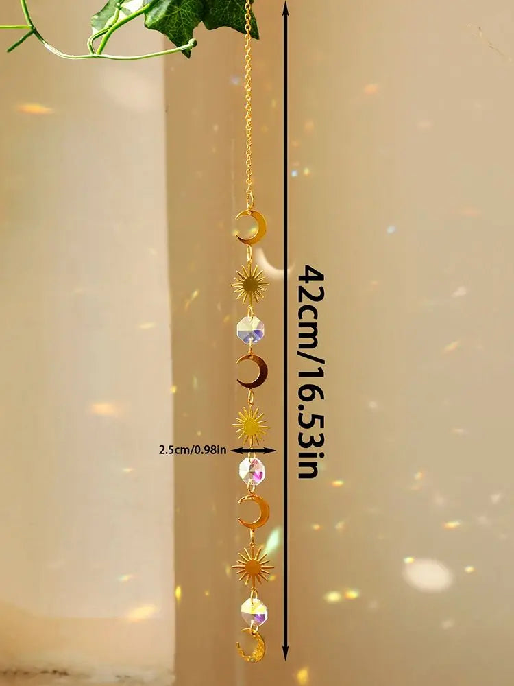 Sun Moon Crystal Suncatcher Rainbow Maker Stained Glass Beaded Sun Catcher Window Hanging Ornament Wind Chimes Yard Garden Decor