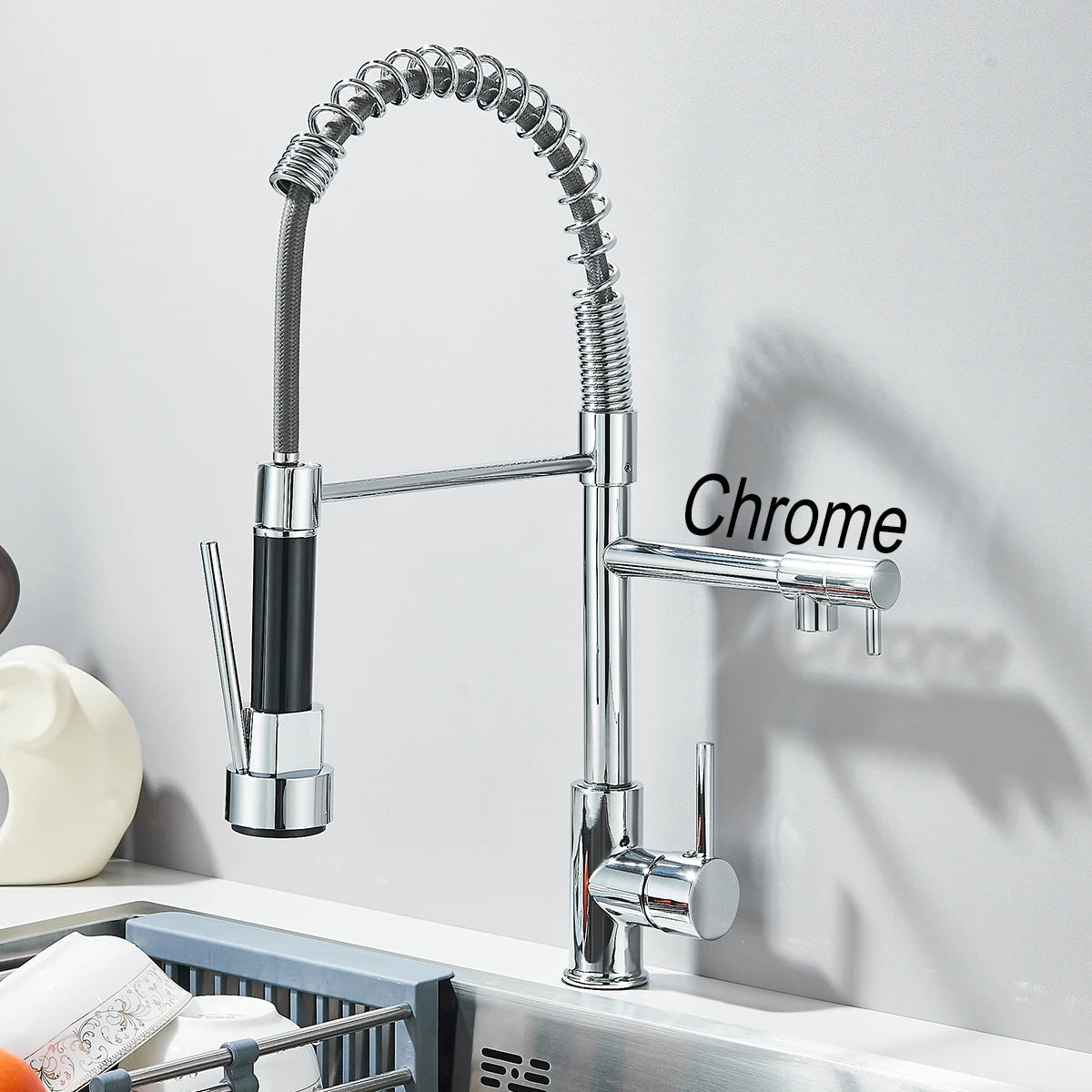 Black Pull Down Kitchen Faucet Dual Spout 360° Rotation Hot Cold Water Mixer Tap Single Handle Deck Mounted Kitchen Sink Crane