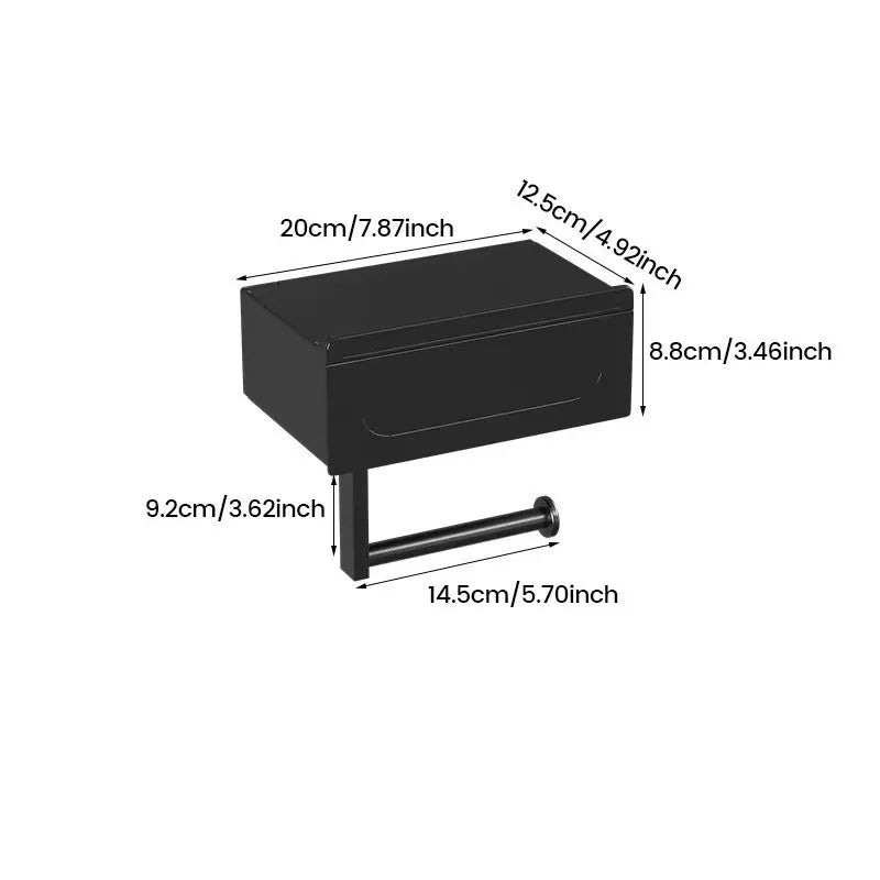 1pc Sleek Black Wall - Mounted Toilet Paper Holder with Shelf - No - Drill, Durable Bathroom Organizer for Essentials