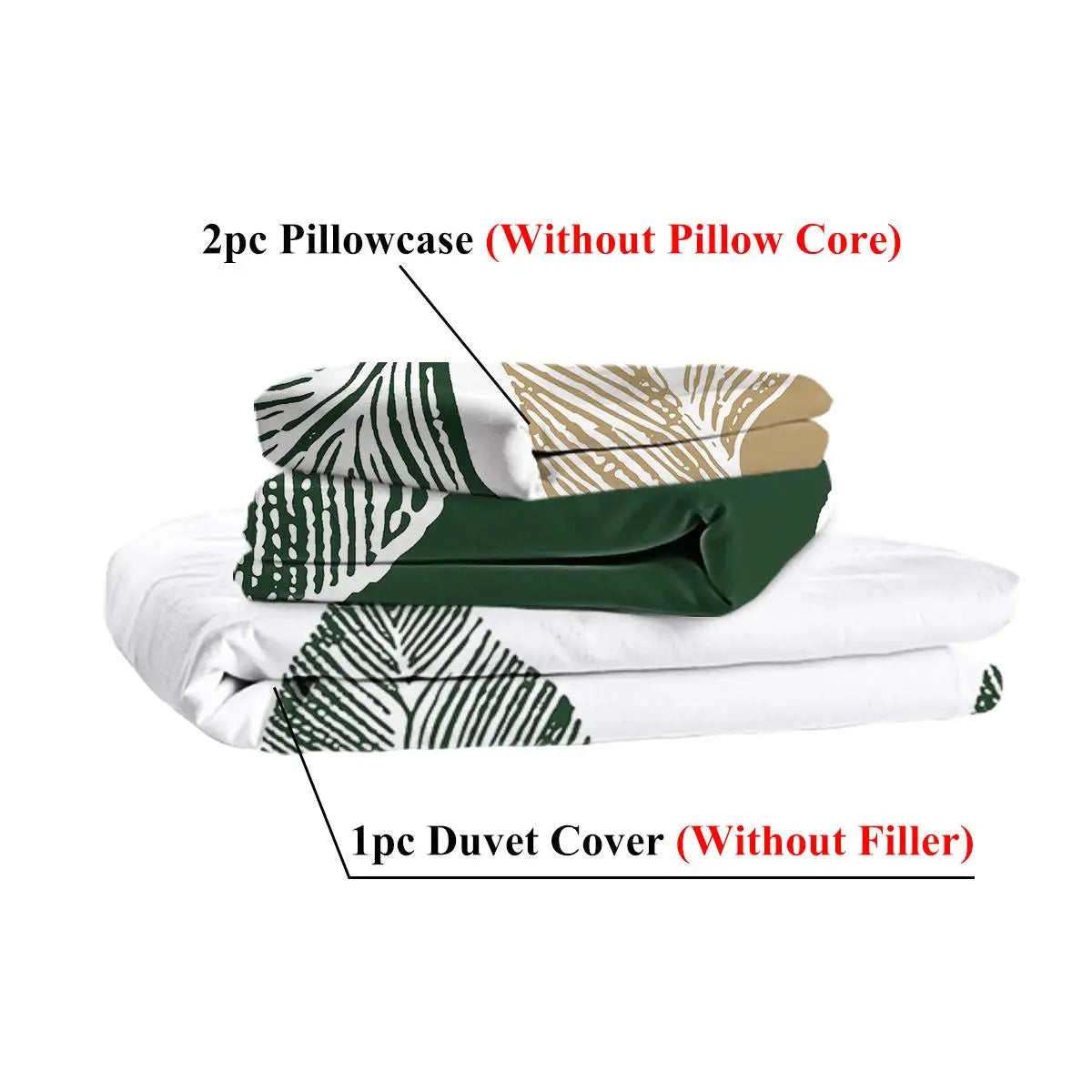 3Pc King Size Green Gold Tropical Duvet Cover Set - Botanical Palm Leaves Microfiber Bedding with 2 Pillowcases