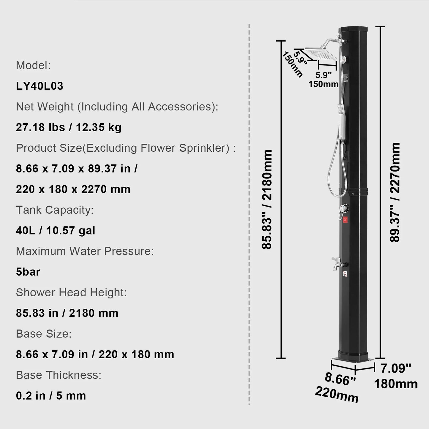 SucceBuy Outdoor Solar Heated Shower 35/40L Shower Kit with Head and Foot Tap Double Buckle for Backyard Poolside Beach Spa