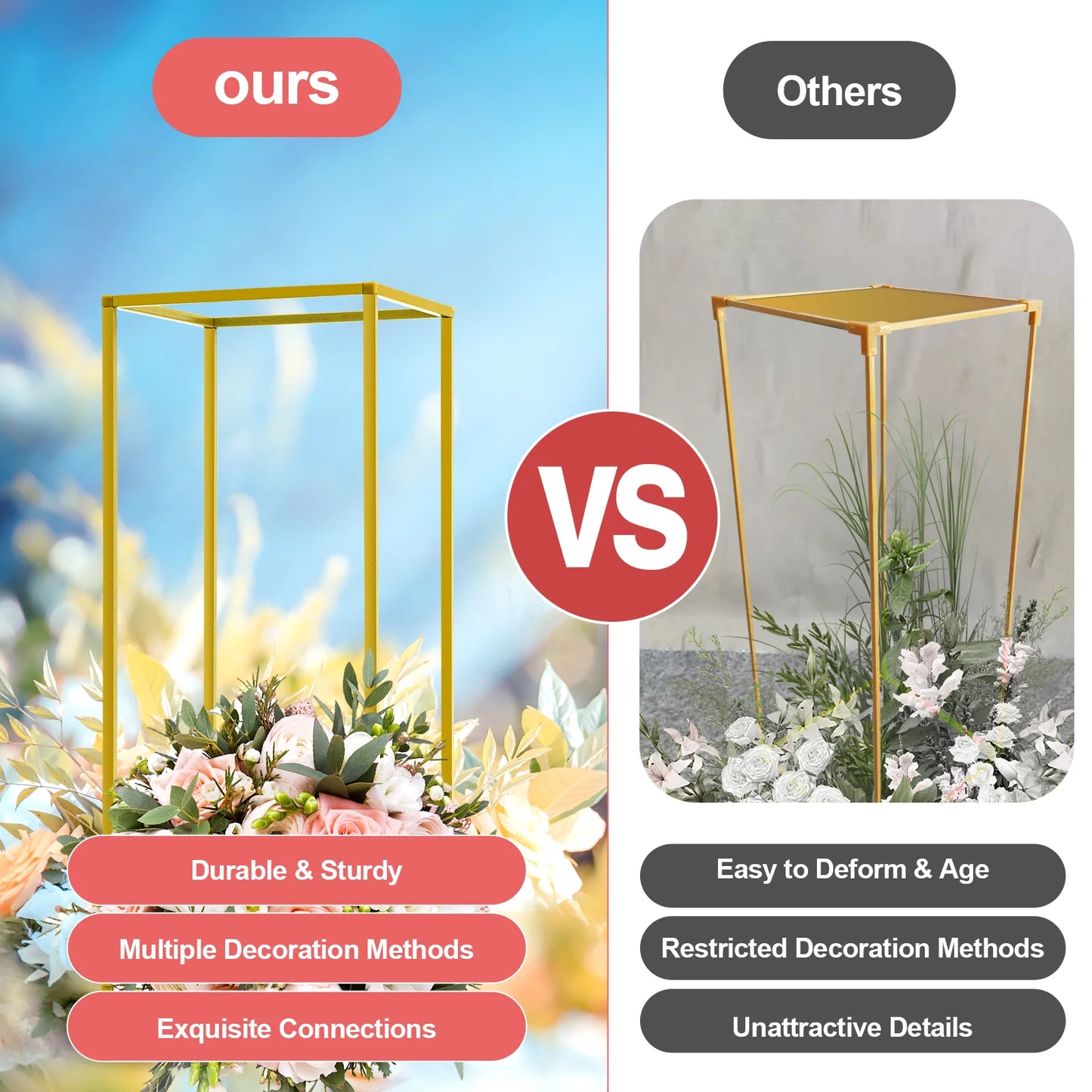 Gold Metal Wedding Flower Stand Set of 10, Modern Rectangular Floral Centerpiece, DIY Flower Holder for Events, Banquets