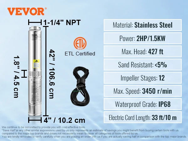 SucceBuy Deep Well Submersible Pump 0.5/1/1.5/2/3 HP 230V/60Hz Stainless Steel Water Pumps for Industrial, Irrigation & Home Use