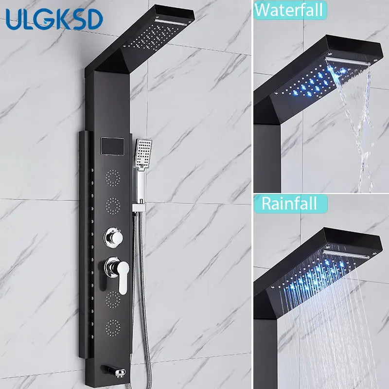 ULGKSD Full Faucet Set System LED Bathroom Showers Panel Hot&Cold Shower Column Rainfall And Waterfall Faucet Bathroom Mixer Tap