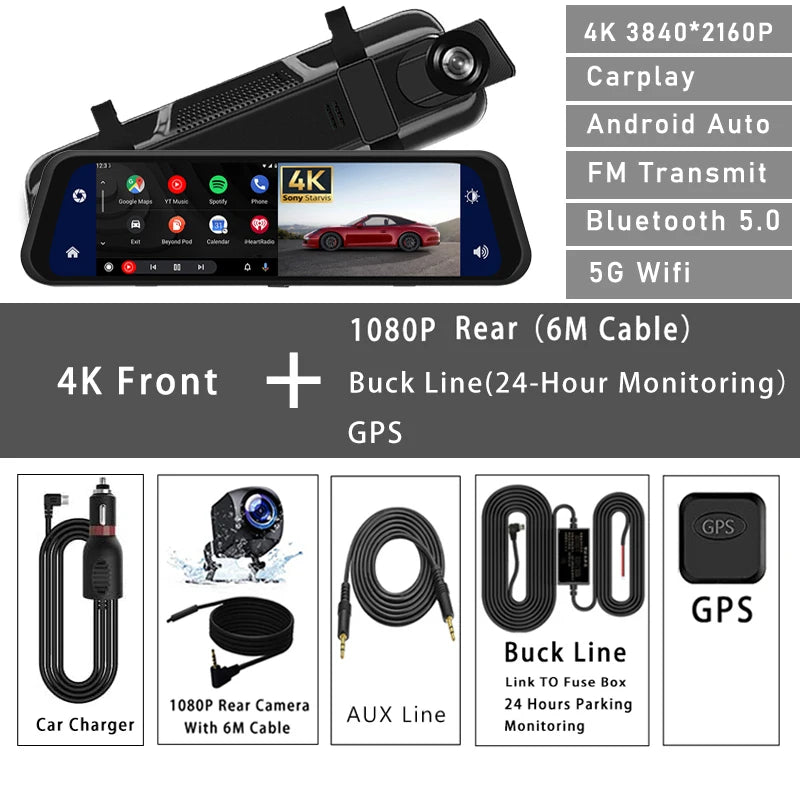 UHD 4K 3840*2160P Car Dvr Carplay Android Auto GPS 5G WIFI AUX Dash Ca