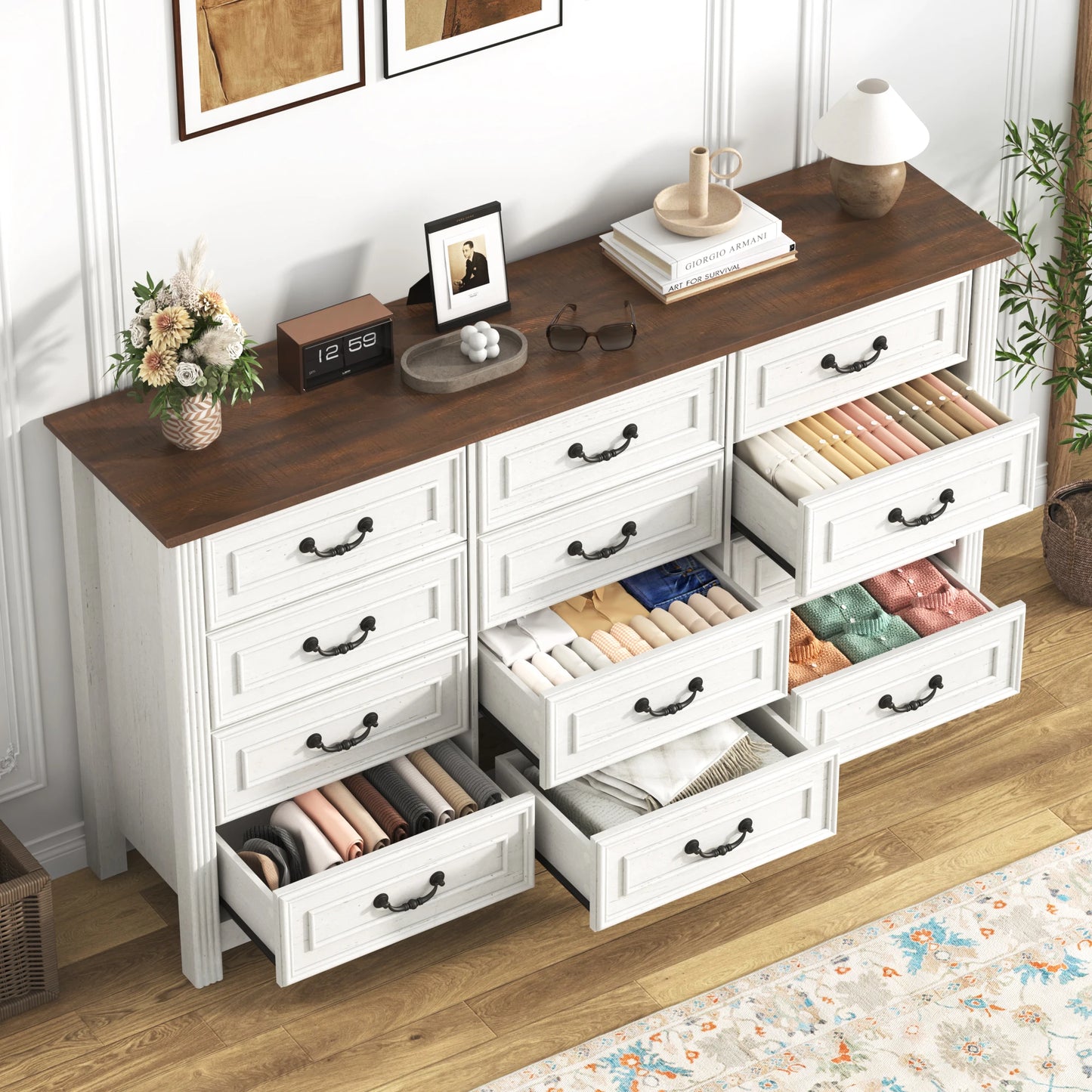 Large Dresser with 12 Drawers for Bedroom, 63'' Long Modern Wood Dresser Chest of Drawers, Storage Cabinet Clothes Organizer