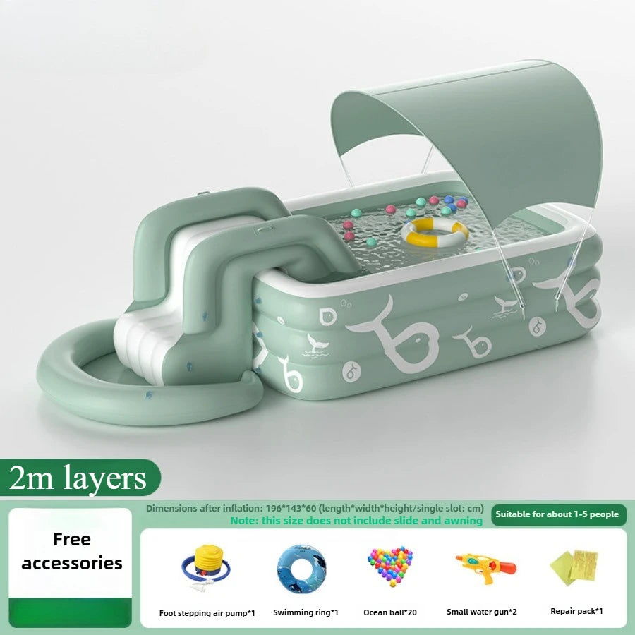 Summer family outdoor thickened inflatable swimming pool, float boat with sunshade, slide, family oversized water toys