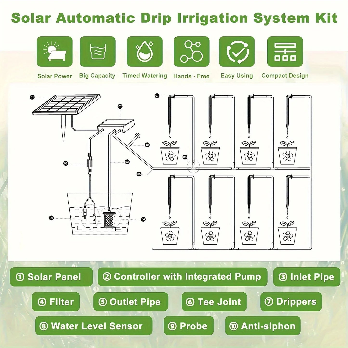 Solar drip irrigation kit plant watering device, DIY watering timer, supports 15 POTS of plants, suitable for garden, greenhouse