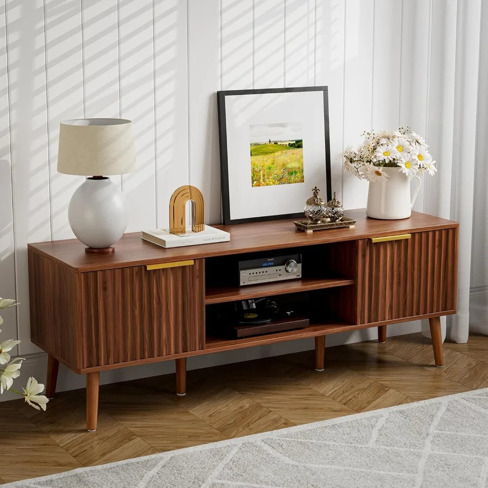 TV Stand for Living Room, Mid Century Modern Entertainment Center TV, TV Console with Fluted Door Cabinets and Open Shelves