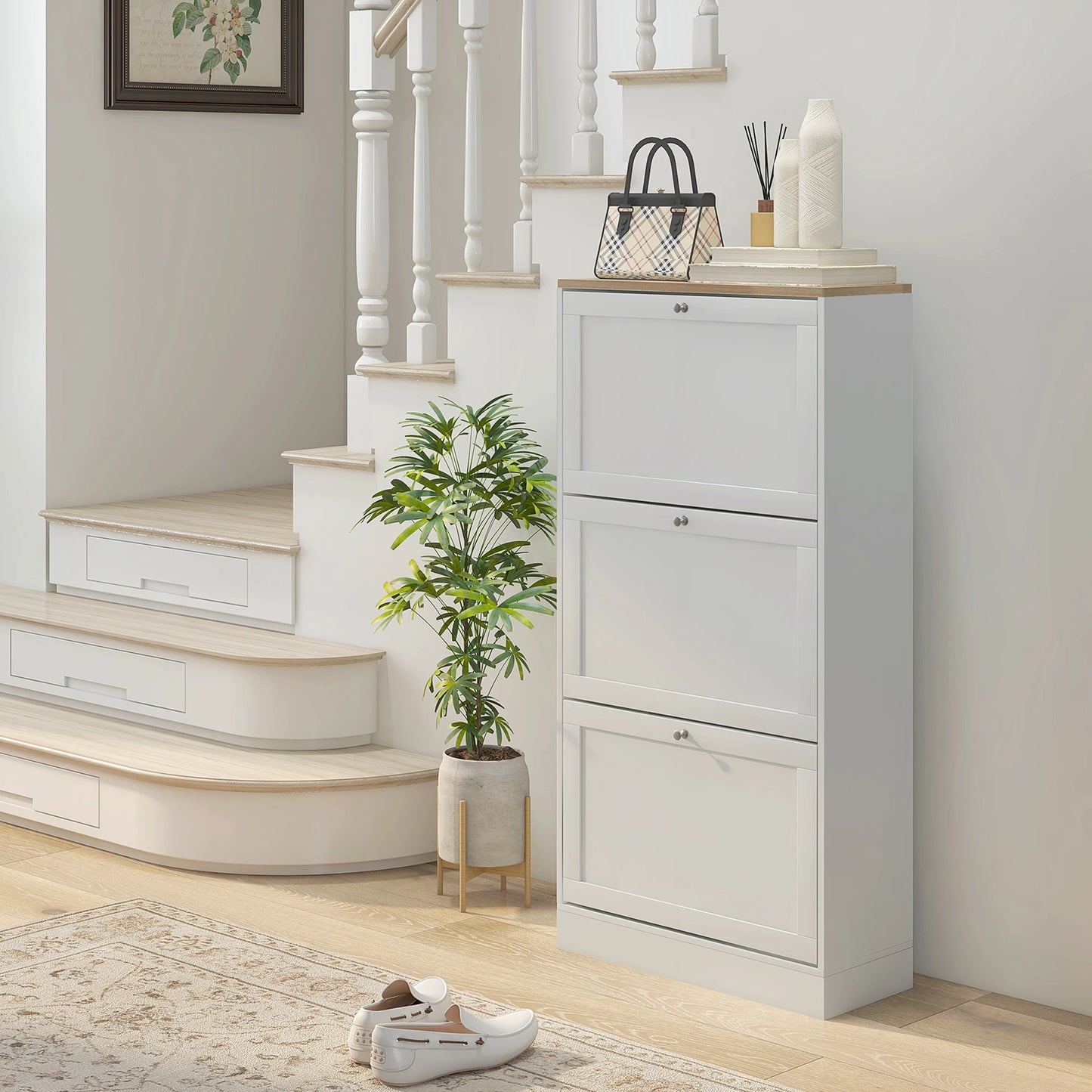 Homcom Hallway Shoe Rack Furniture with 3 Folding Drawers 60X23.5X115Cm White