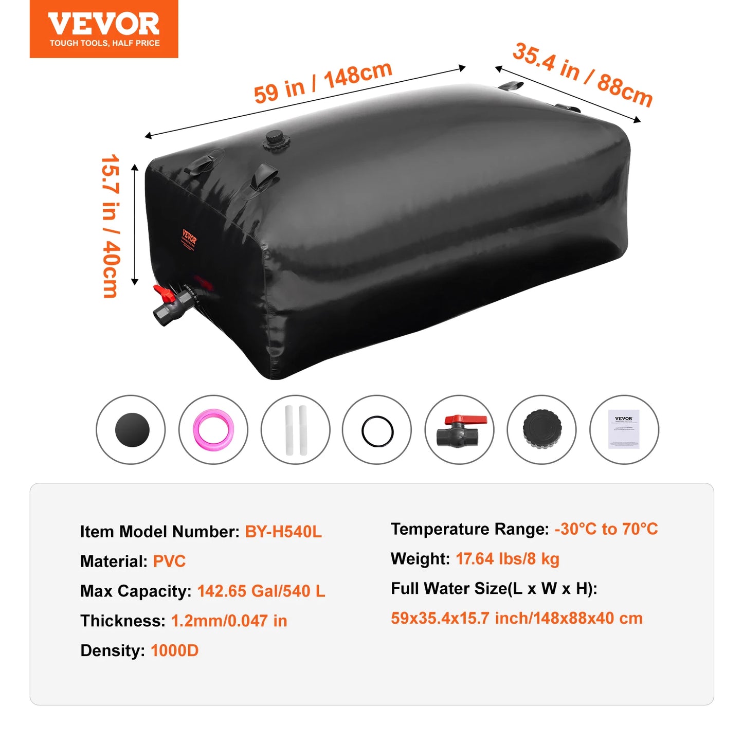 VEVOR 1000L/264 Gallon Water Storage Bladder RV Water Tank 1000D Blue PVC Collapsible Water Storage Containers Soft Water Bag