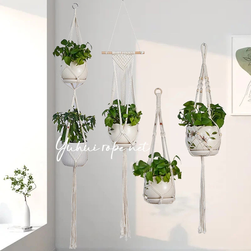 Handmade Macrame Plant Hanger Basket Flower Pot Balcony Hanging Decoration Knotted Lifting Rope Bohemian Style Home Garden Decor