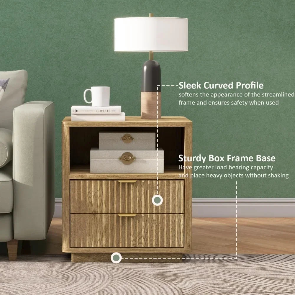 Fluted Nightstands Set of 2, Brown Night Stands with 2 Drawers and Open Shelves, Wooden Bedside Table Modern Design End Table