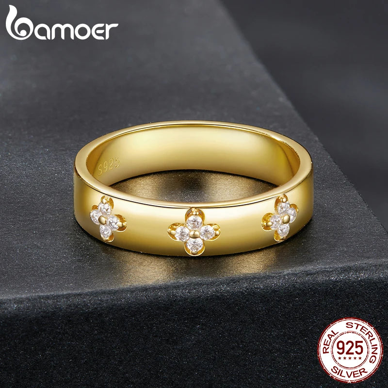 BAMOER 925 Sterling Silver Lucky Clover Moissanite Ring - Gold Plated D Color Round Cut Wide Band for Women | AlluCanFind