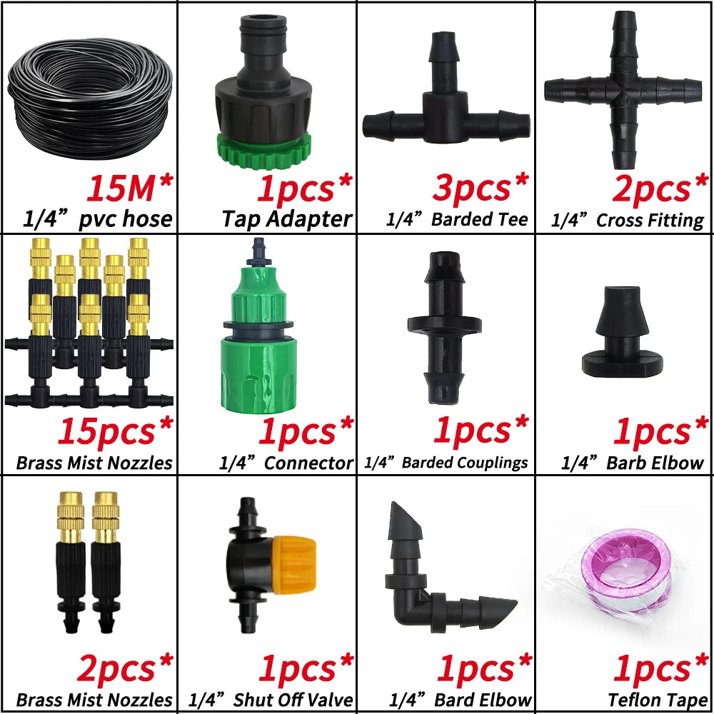 WUJIE 5M-30M Garden Irrigation Outdoor Misting Cooling System Watering 1/4'' Brass Atomizer Nozzles 4/7mm Hose Patio Greenhouse